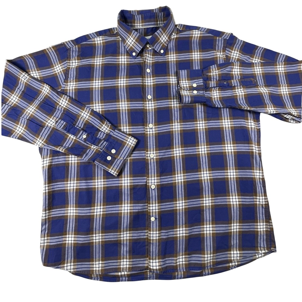 Peter Millar Shirt Mens XL Blue Brown Plaid Button Down Long Sleeve Pocket